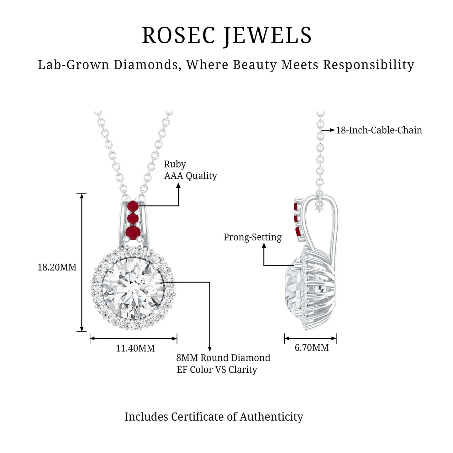 Certified MM Lab Grown Diamond Halo Necklace With Ruby Accent Bail