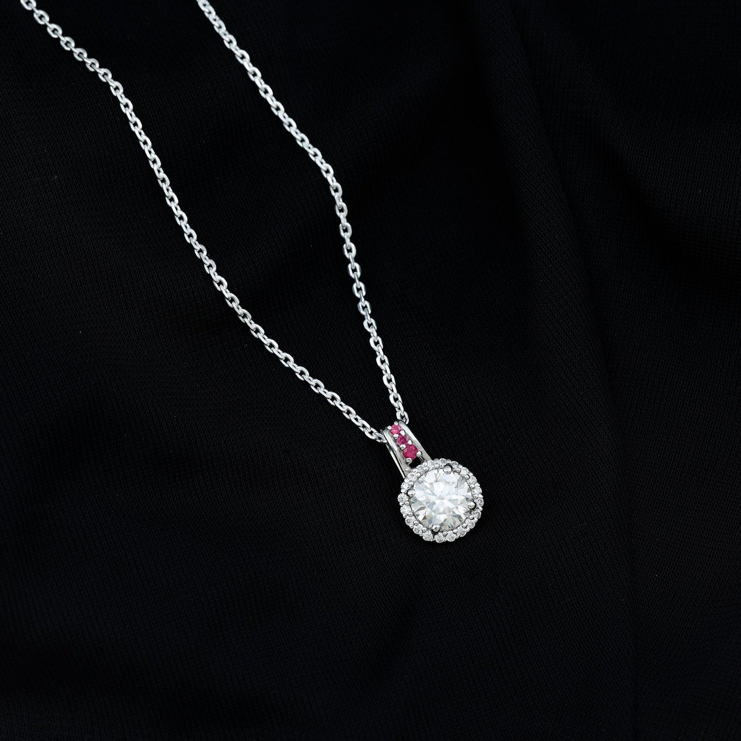Certified MM Lab Grown Diamond Halo Necklace With Ruby Accent Bail