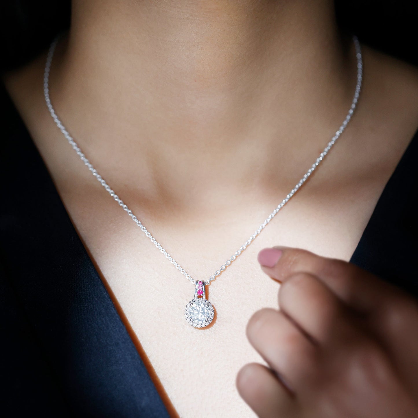 Certified MM Lab Grown Diamond Halo Necklace With Ruby Accent Bail