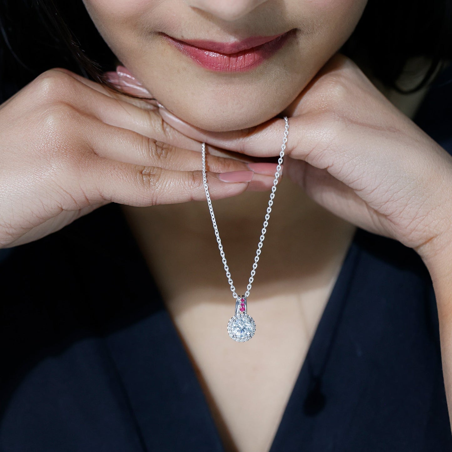 Certified MM Lab Grown Diamond Halo Necklace With Ruby Accent Bail