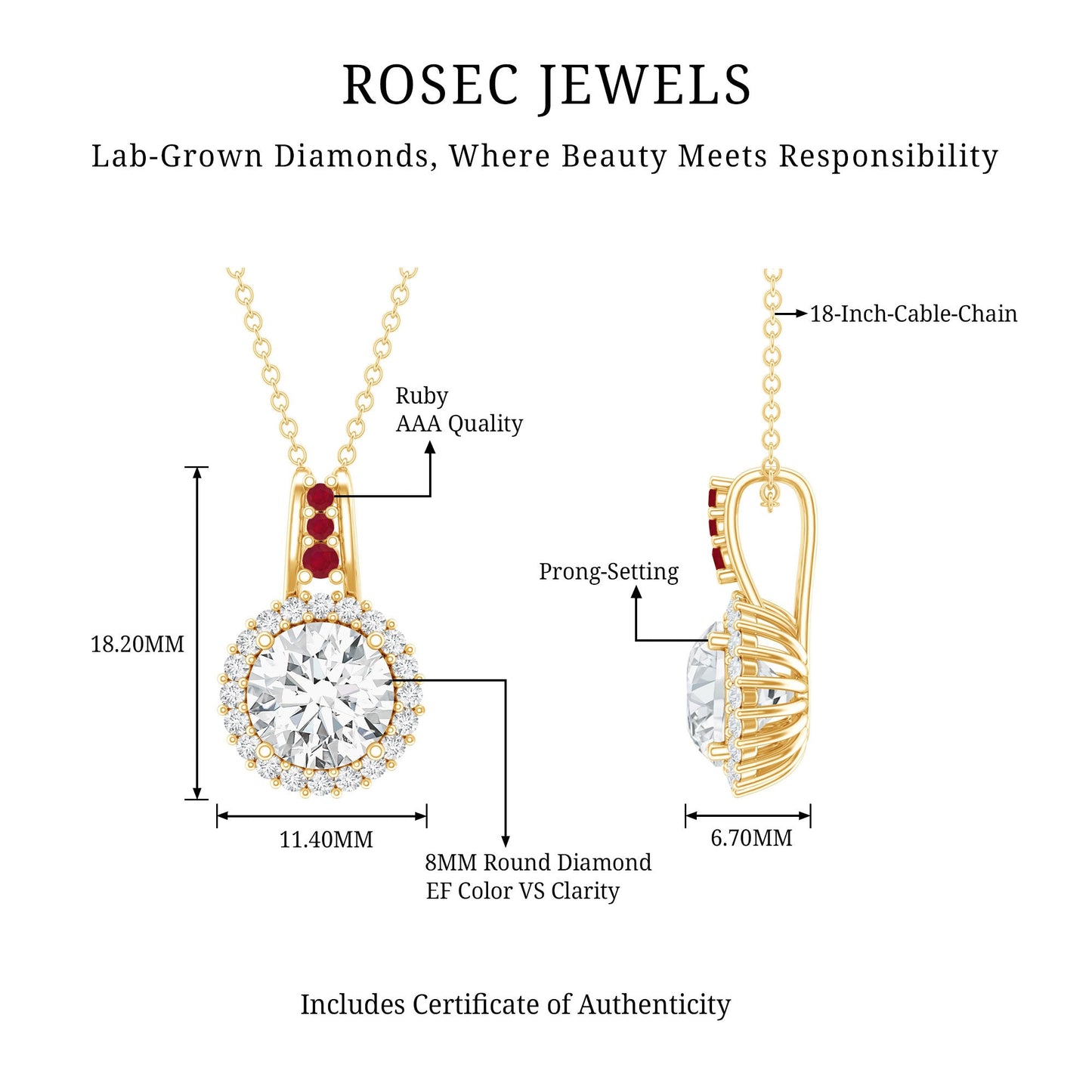 Certified MM Lab Grown Diamond Halo Necklace With Ruby Accent Bail