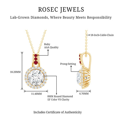 Certified MM Lab Grown Diamond Halo Necklace With Ruby Accent Bail