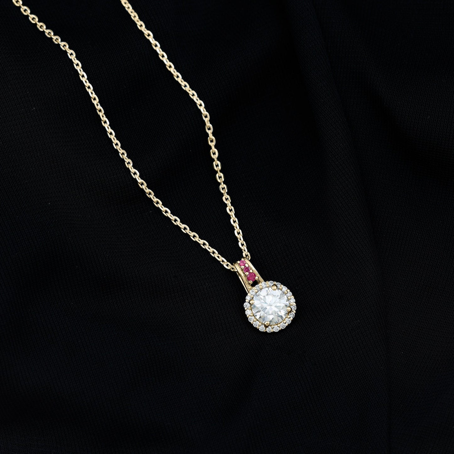 Certified MM Lab Grown Diamond Halo Necklace With Ruby Accent Bail