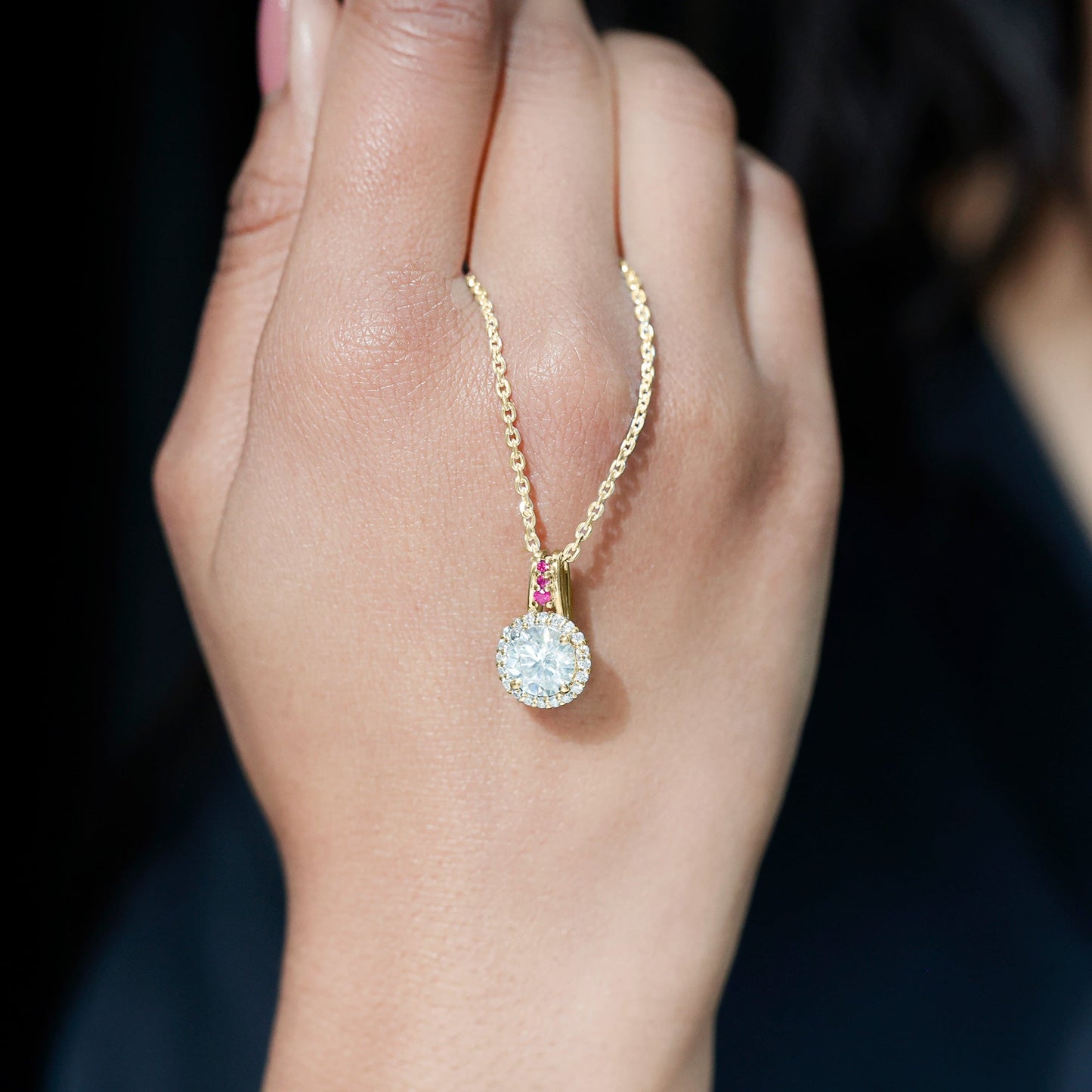 Certified MM Lab Grown Diamond Halo Necklace With Ruby Accent Bail