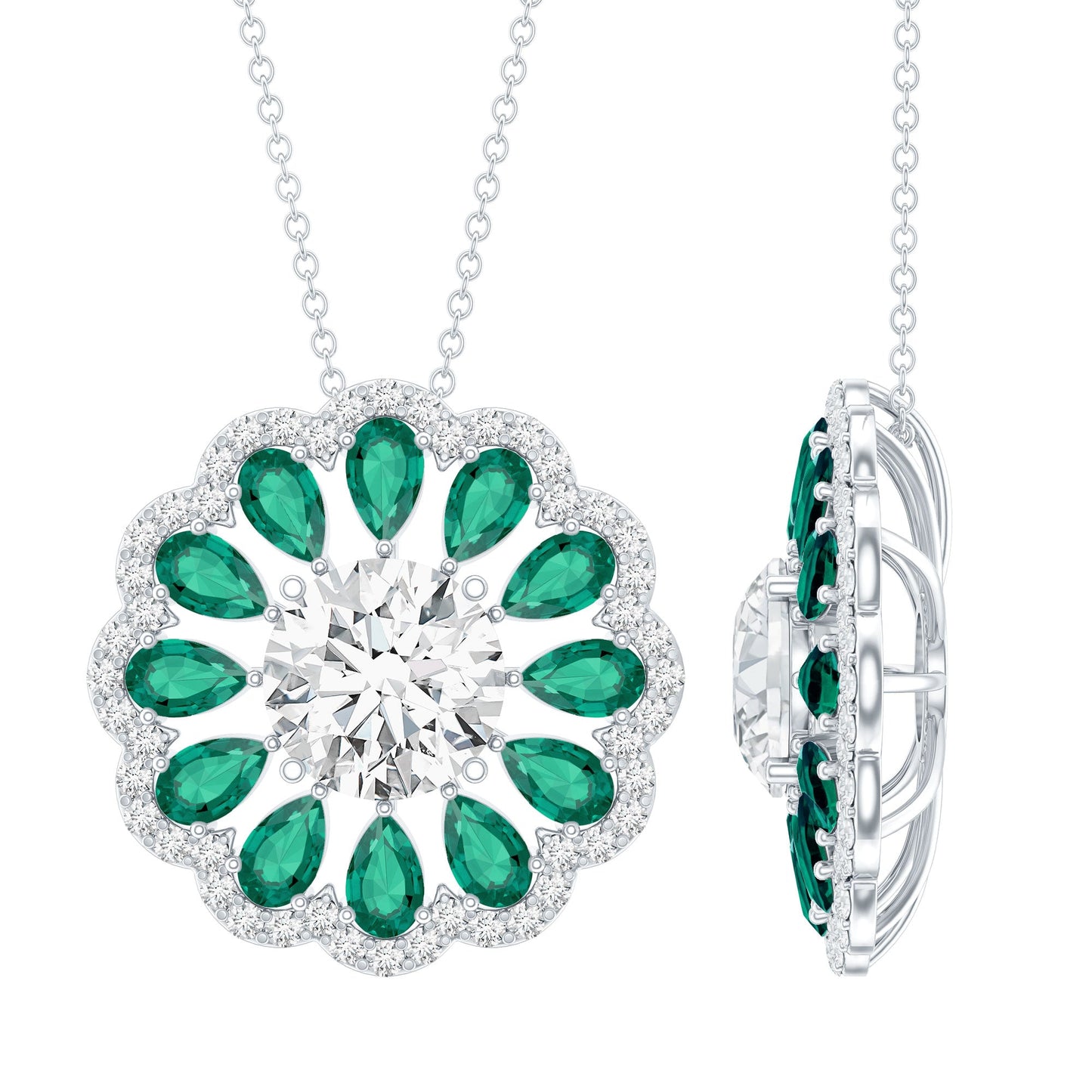 3 Carat Lab Grown Diamond Flower Bridal Necklace With Emerald