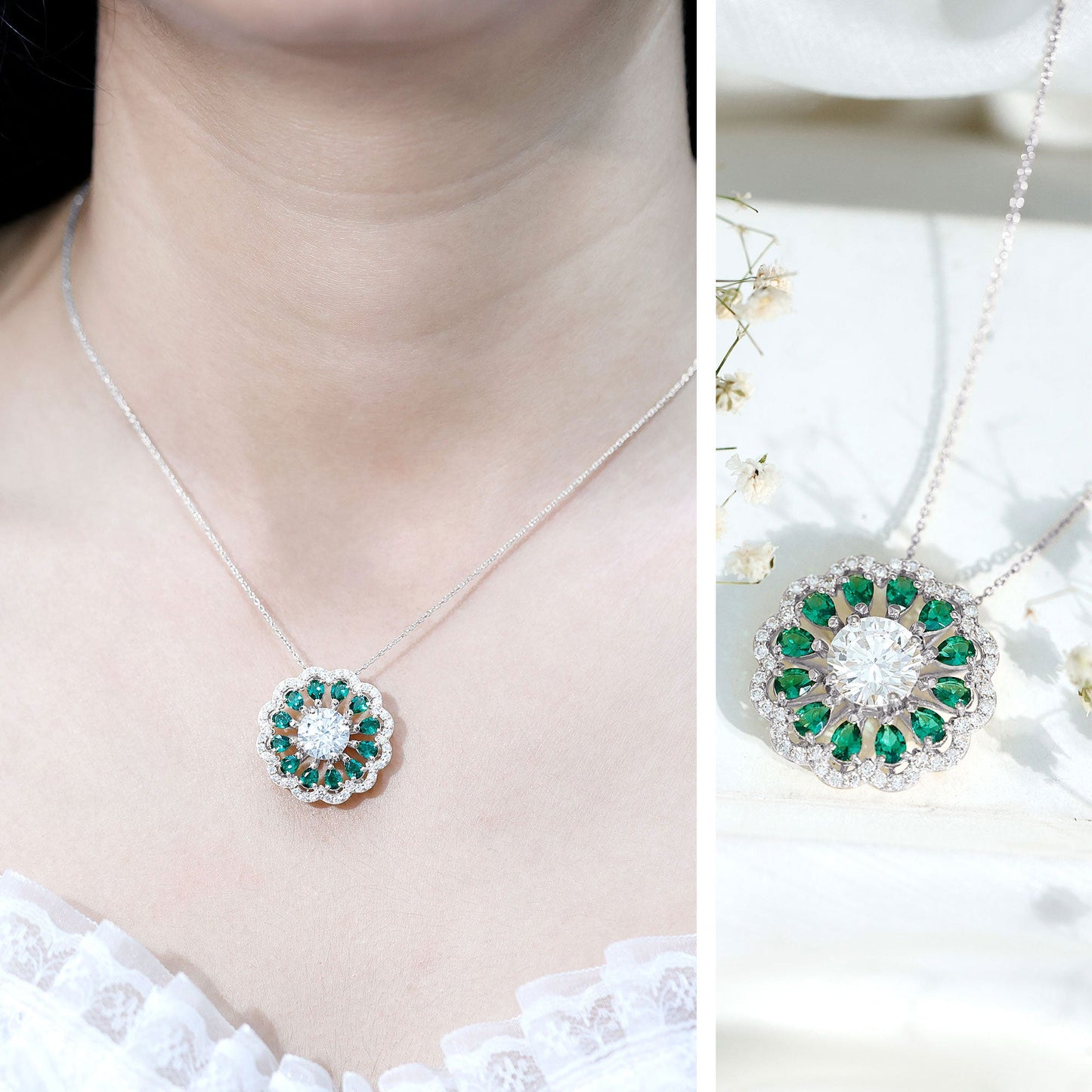 3 Carat Lab Grown Diamond Flower Bridal Necklace With Emerald