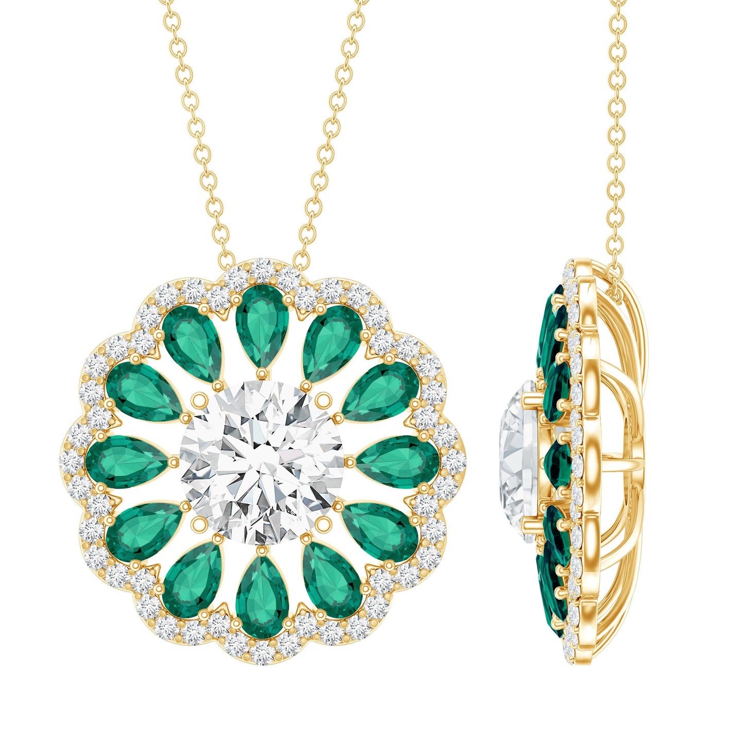 3 Carat Lab Grown Diamond Flower Bridal Necklace With Emerald