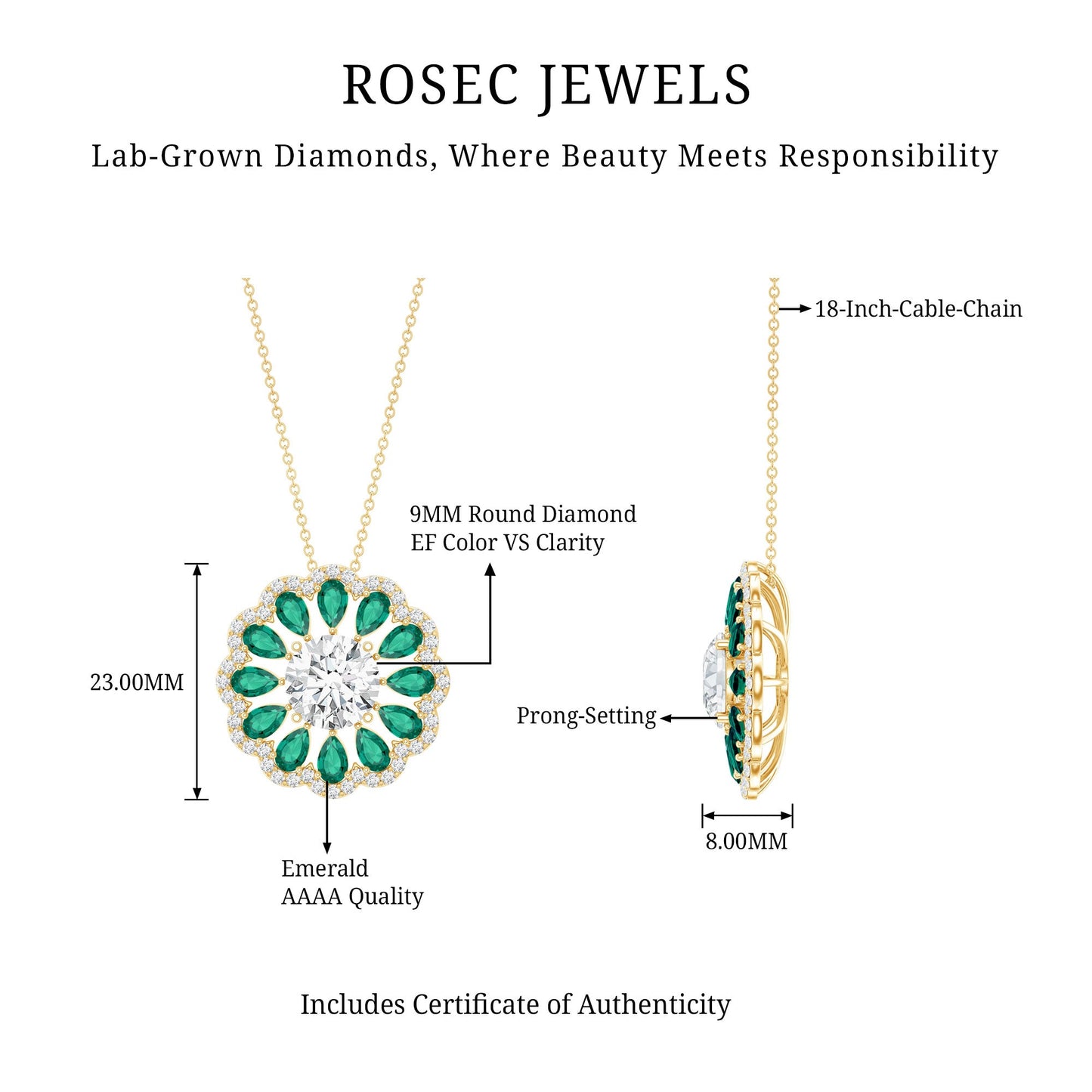 3 Carat Lab Grown Diamond Flower Bridal Necklace With Emerald