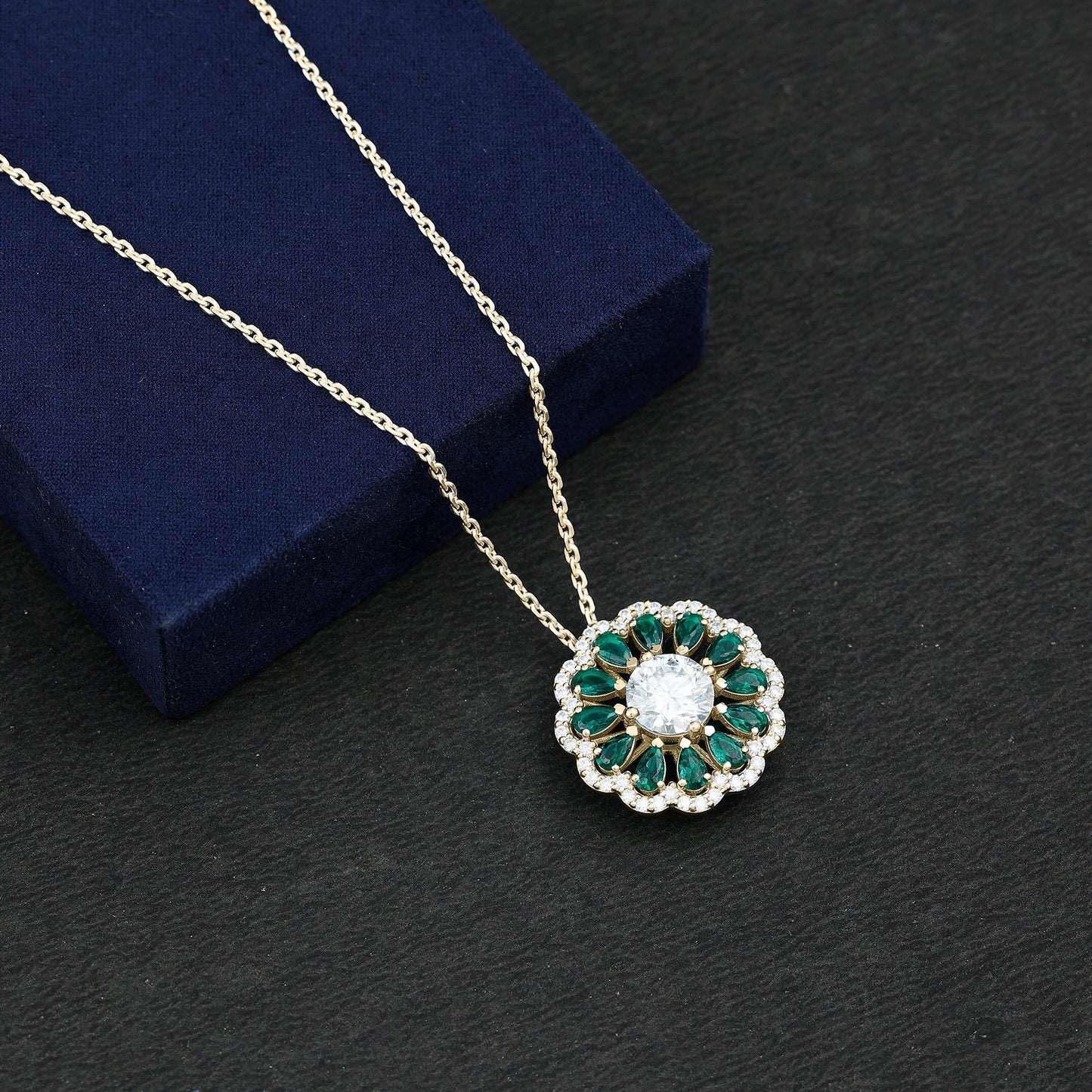 3 Carat Lab Grown Diamond Flower Bridal Necklace With Emerald