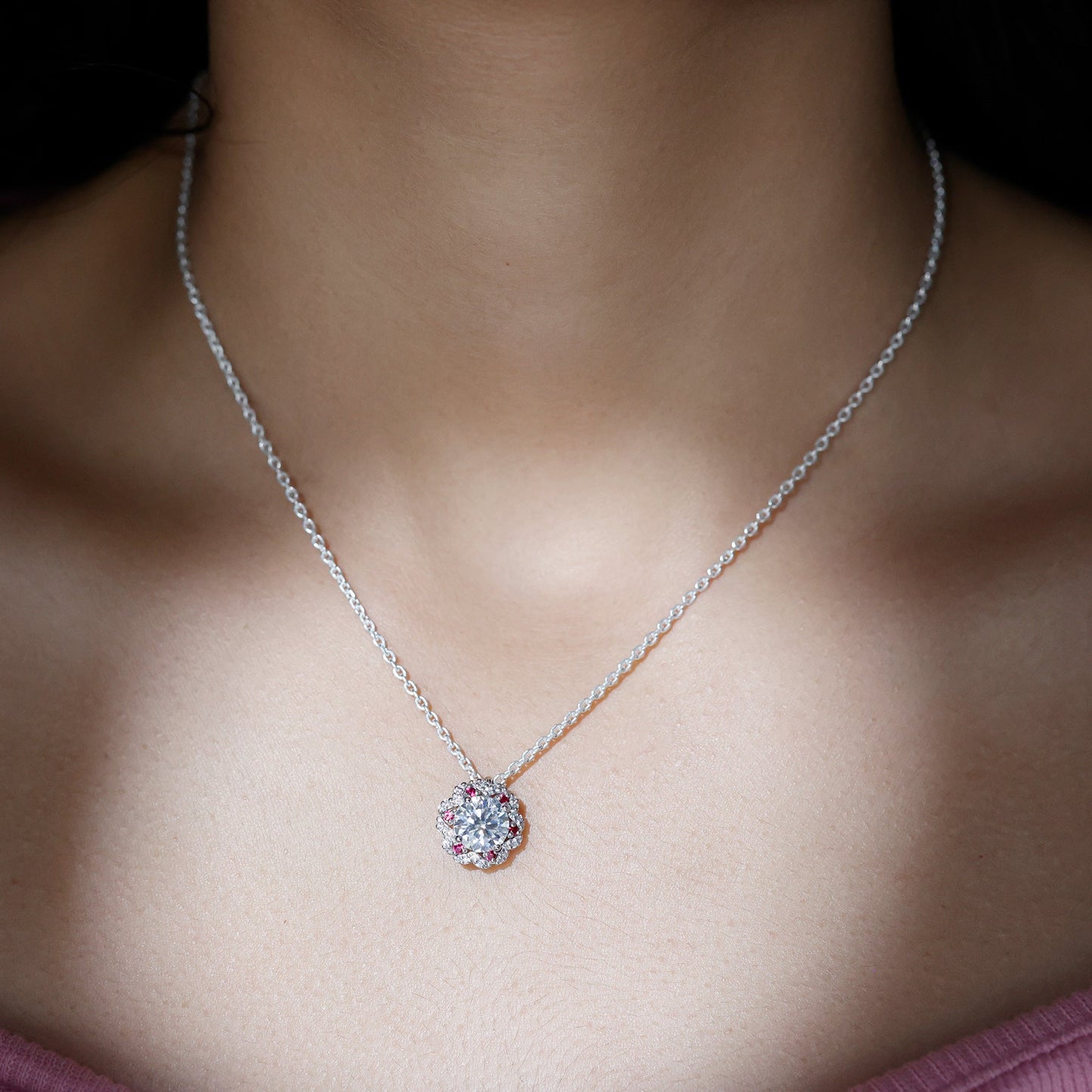 2 Carat Lab Grown Diamond Flower Statement Necklace With Ruby