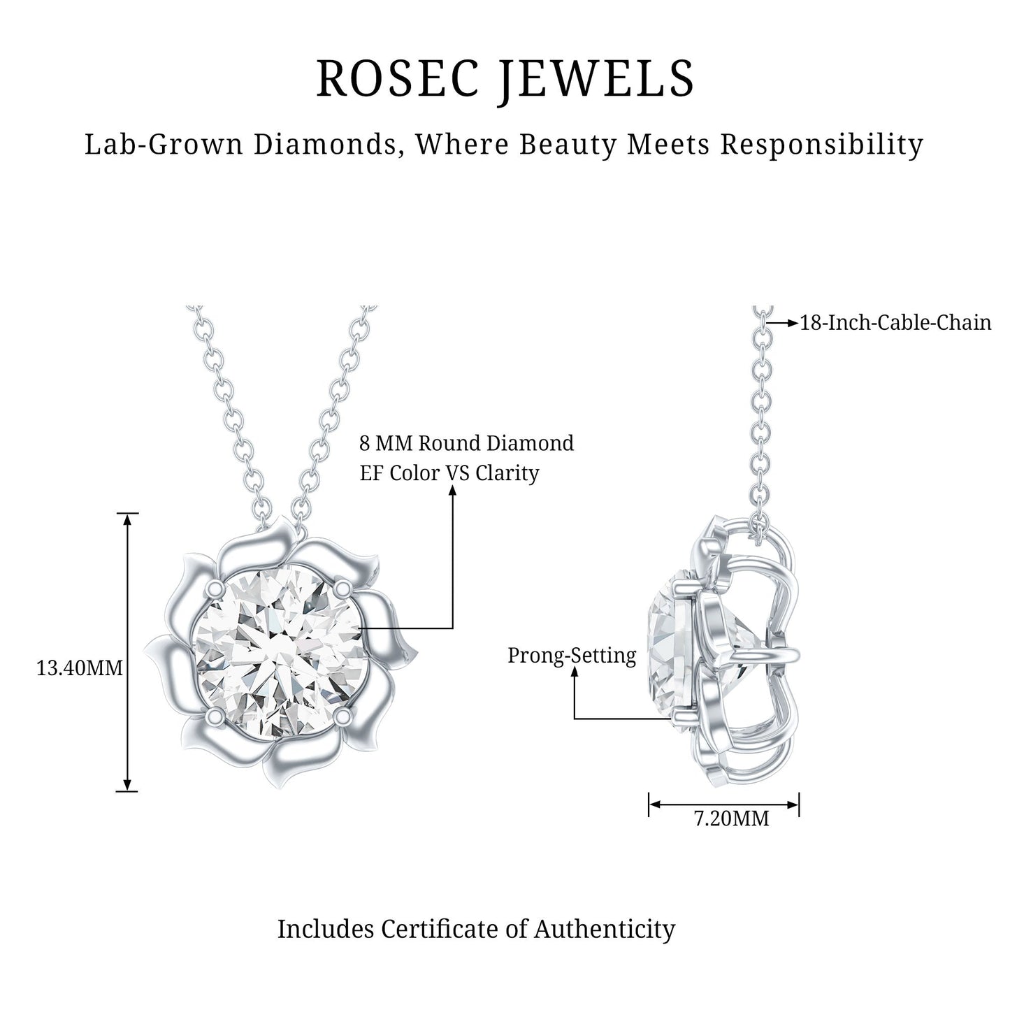 2 Carat Solitaire Lab Grown Diamond Flower Necklace
