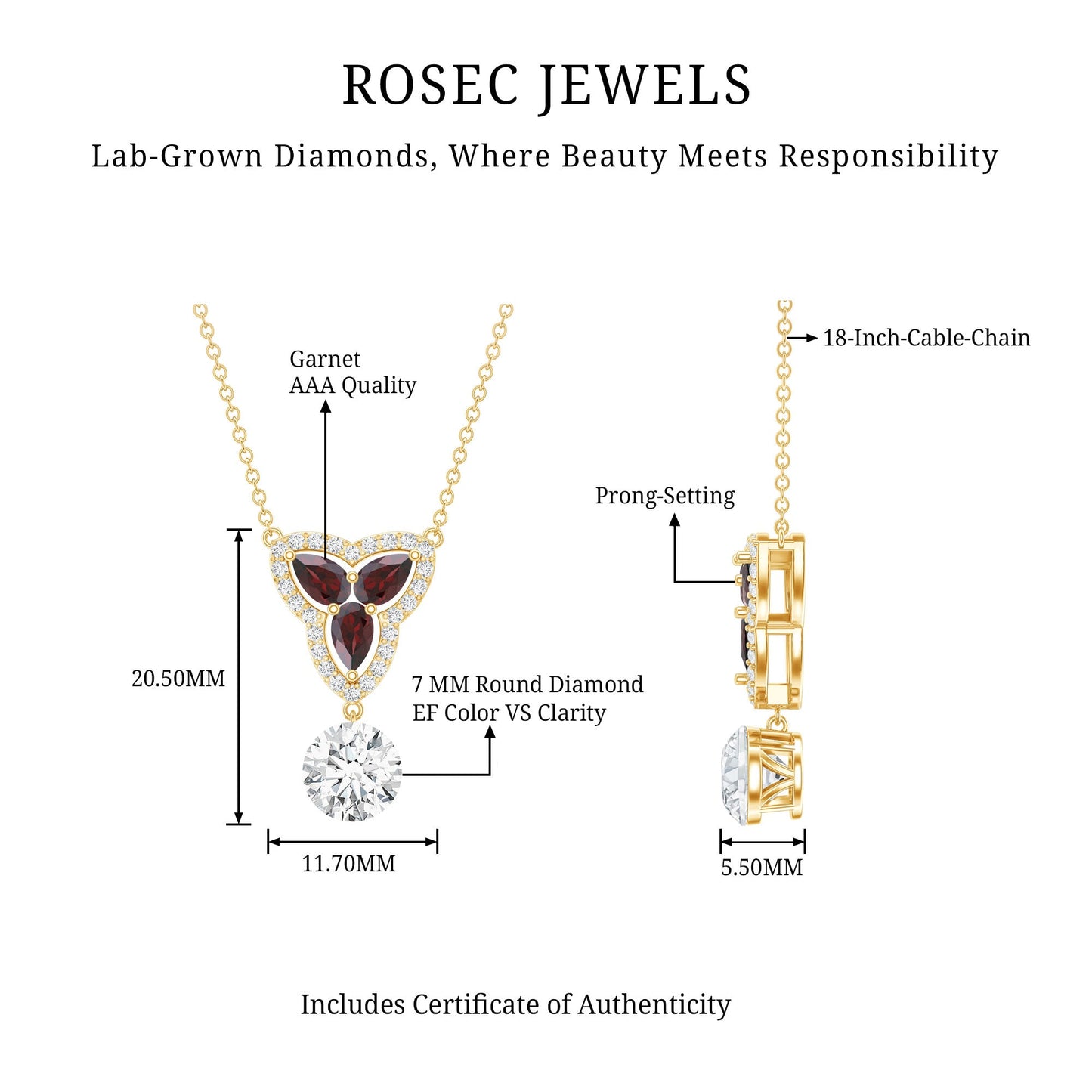 1.2 Carat Lab Grown Diamond Dangle Necklace With Garnet