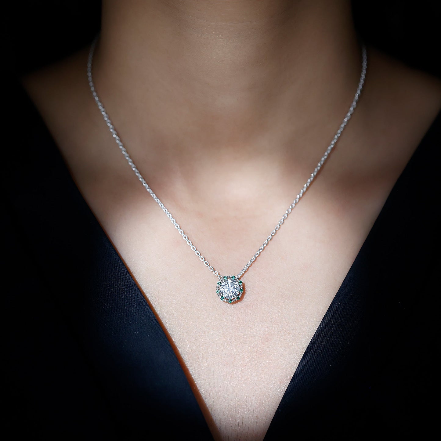 Certified Lab 2 Carat Round Diamond Halo Necklace With Emerald