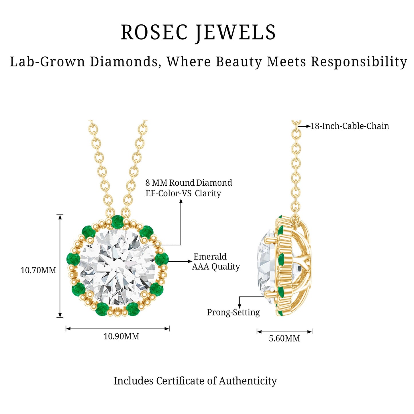 Certified Lab 2 Carat Round Diamond Halo Necklace With Emerald