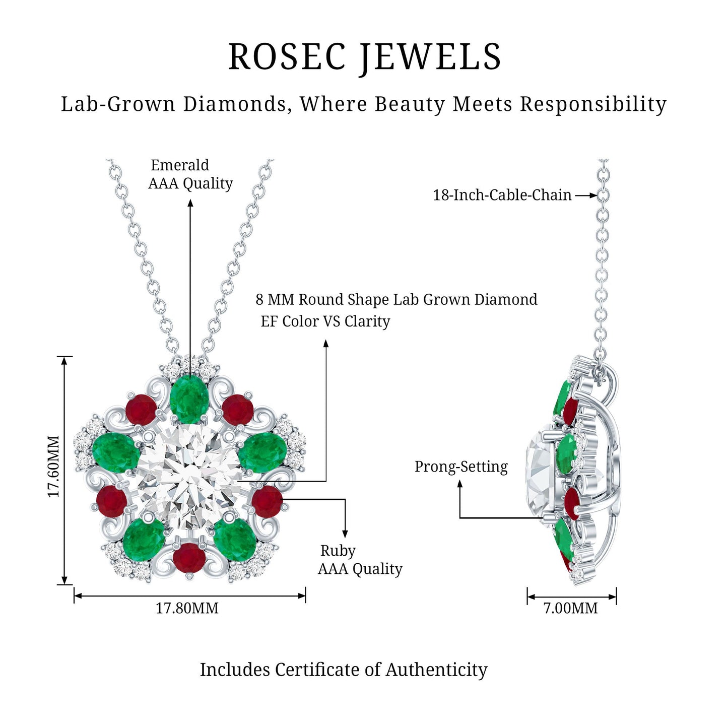 Lab Grown Diamond Cocktail Necklace With Emerald Ruby