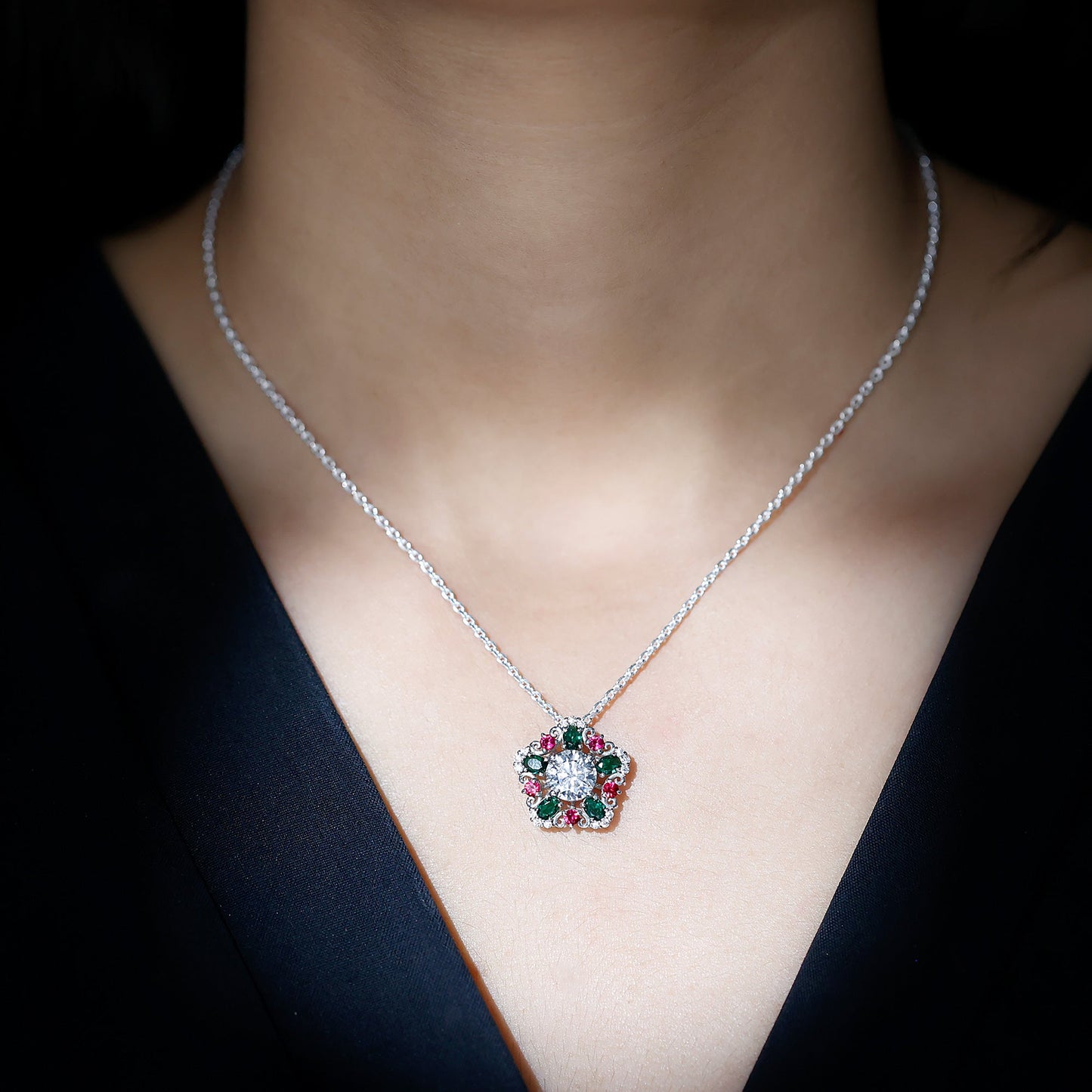 Lab Grown Diamond Cocktail Necklace With Emerald Ruby