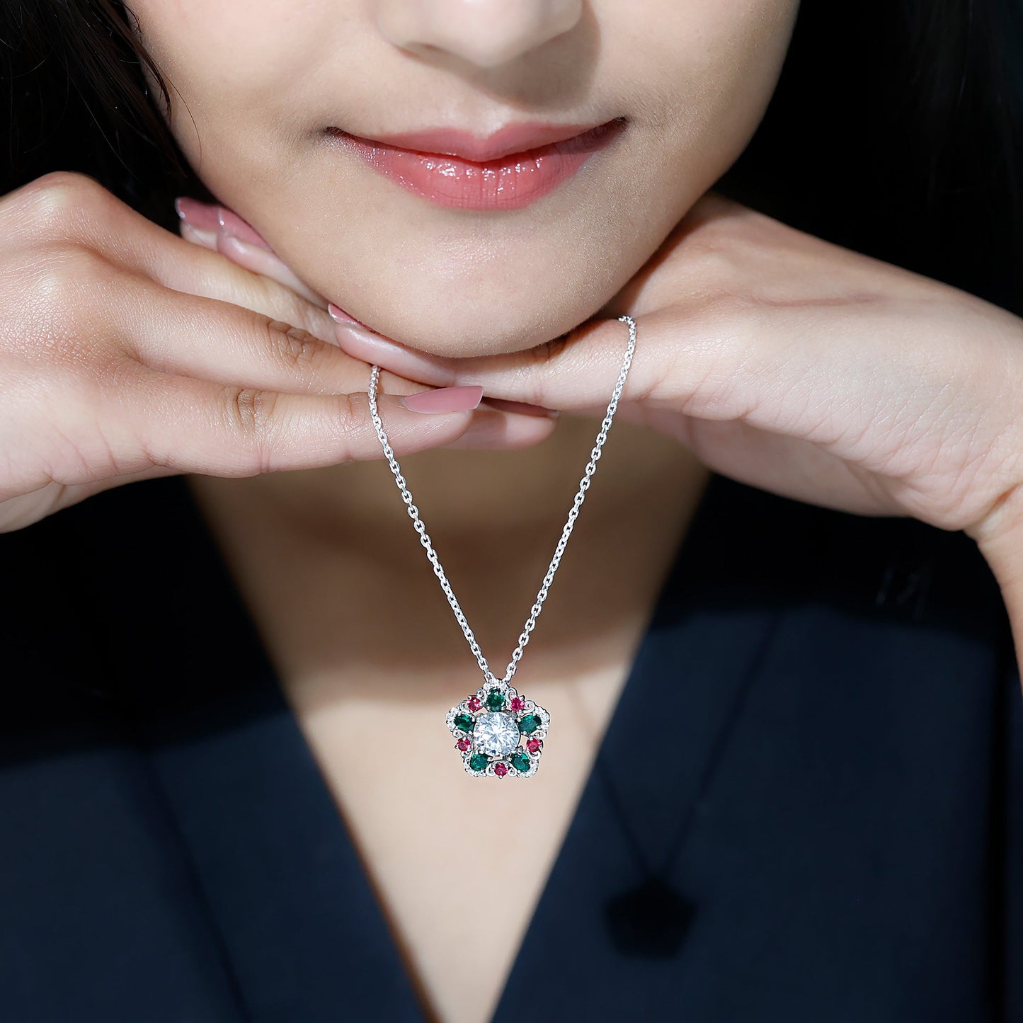 Lab Grown Diamond Cocktail Necklace With Emerald Ruby
