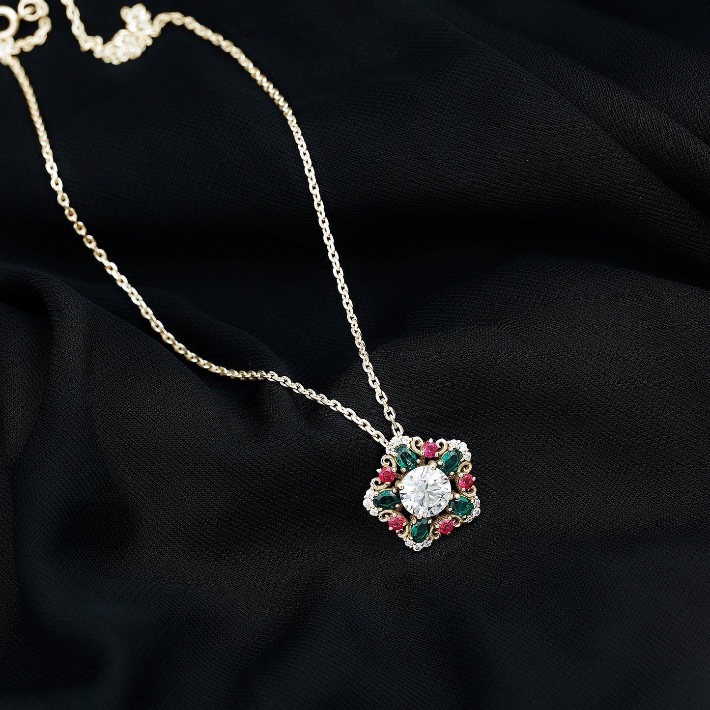 Lab Grown Diamond Cocktail Necklace With Emerald Ruby