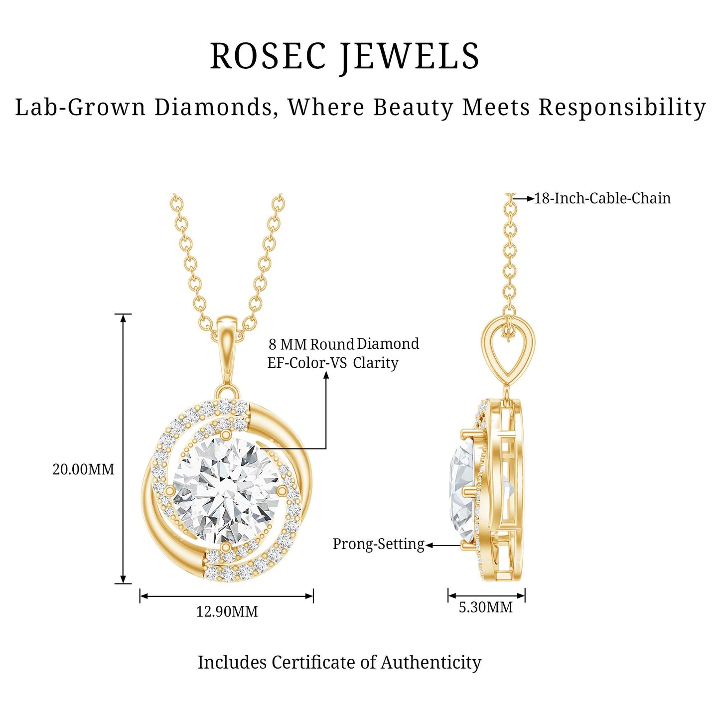 Prong Set 2 Carat Round Lab Grown Diamond Swirl Pendant Necklace