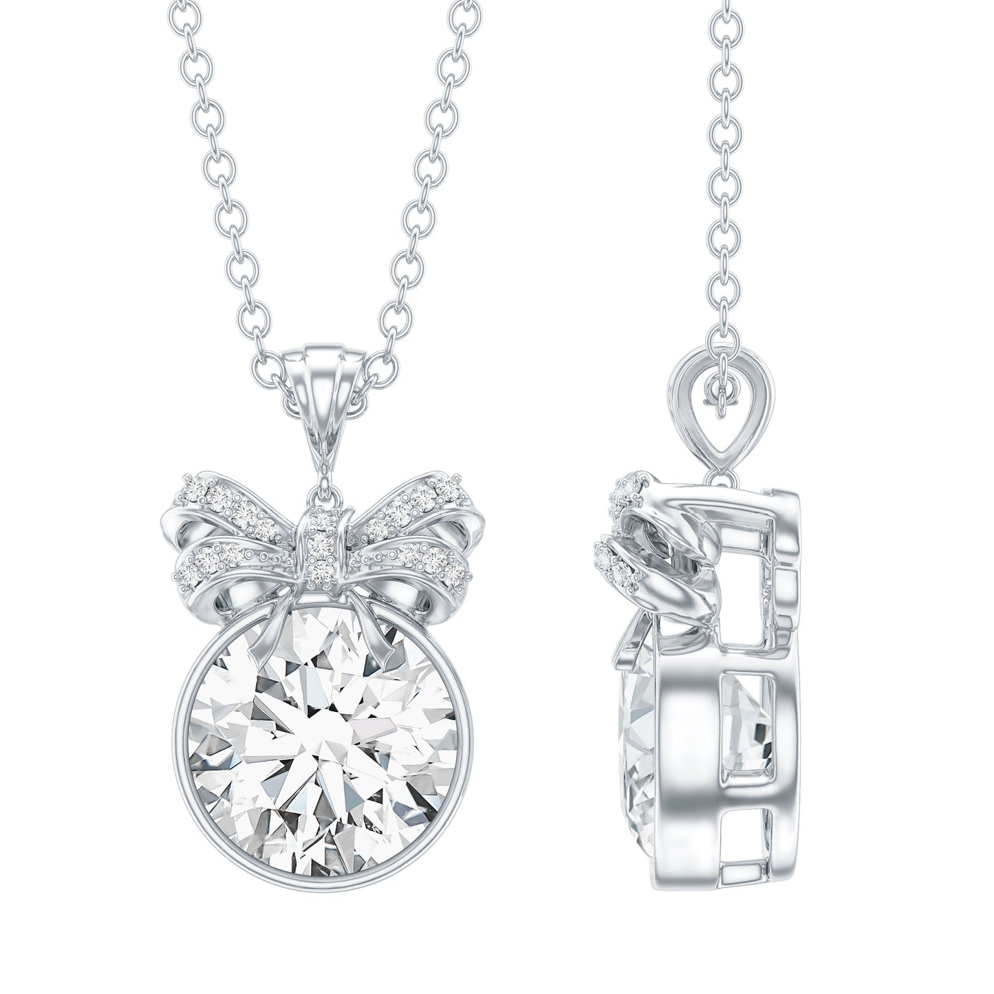 Bezel Set Lab Grown Diamond Solitaire Necklace With Cute Bow