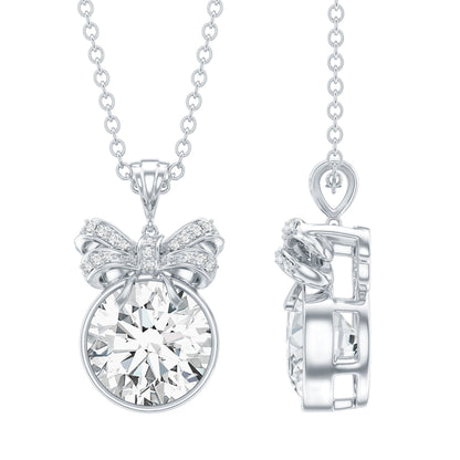 Bezel Set Lab Grown Diamond Solitaire Necklace With Cute Bow