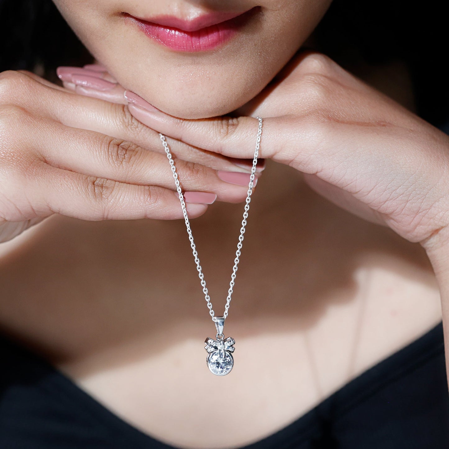 Bezel Set Lab Grown Diamond Solitaire Necklace With Cute Bow