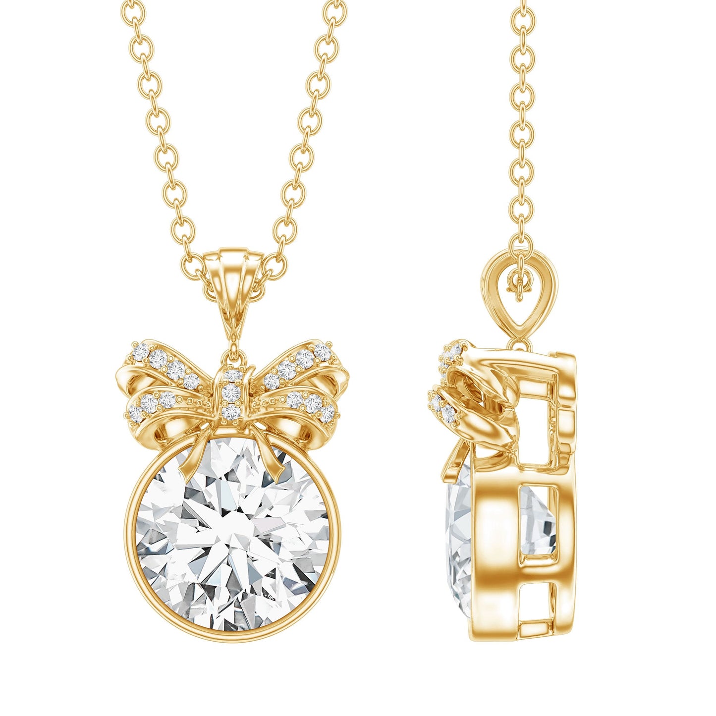 Bezel Set Lab Grown Diamond Solitaire Necklace With Cute Bow