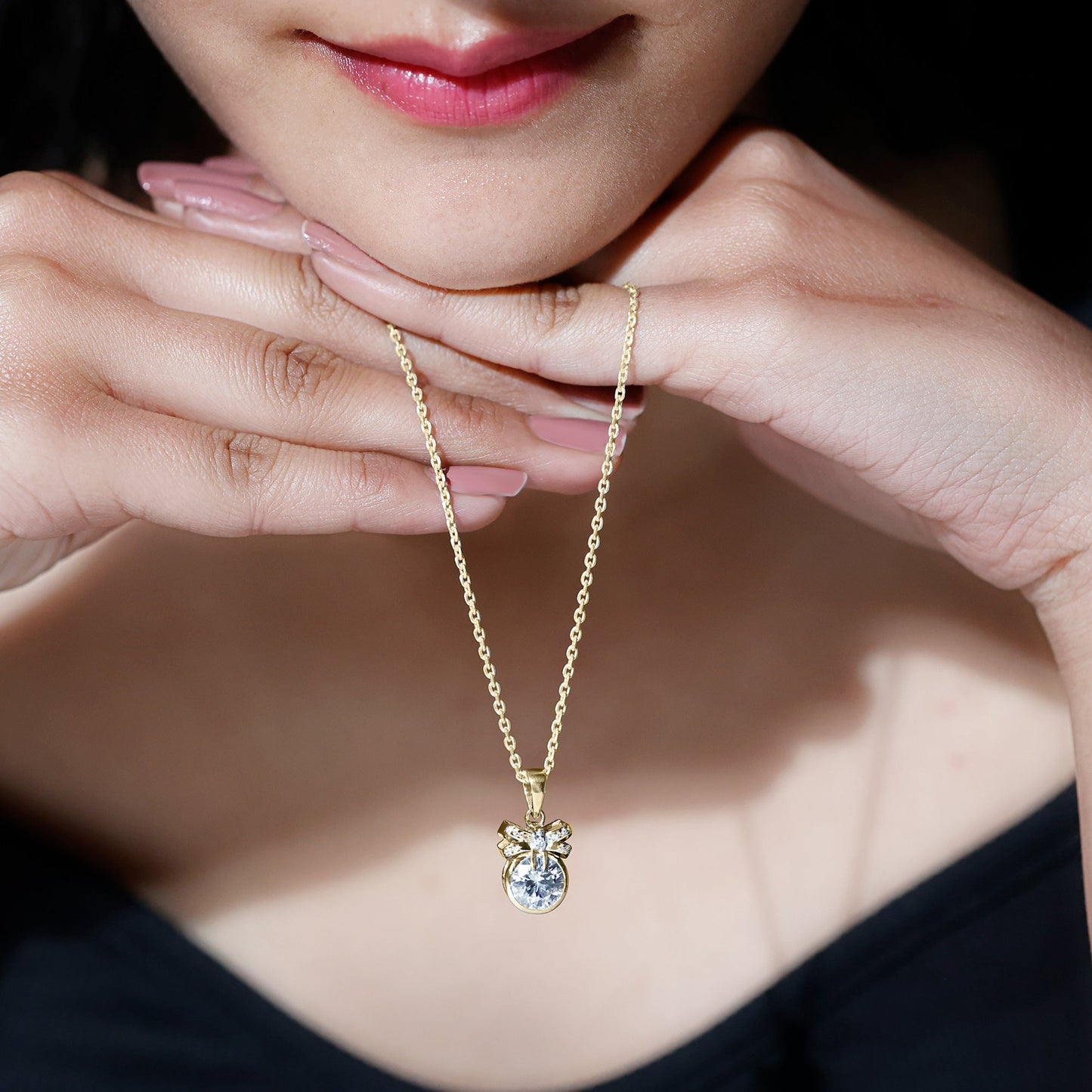 Bezel Set Lab Grown Diamond Solitaire Necklace With Cute Bow