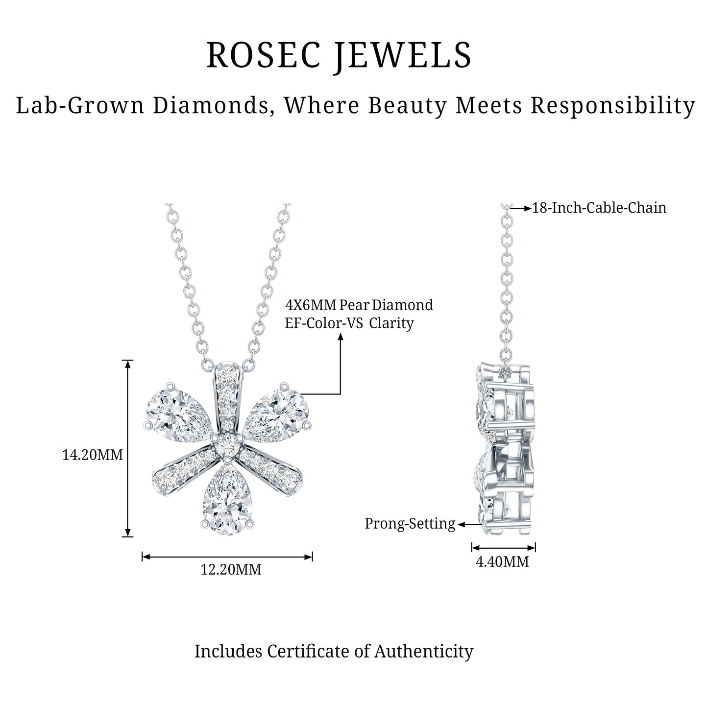 Certified Pear Shape Lab Grown Diamond Flower Pendant Necklace