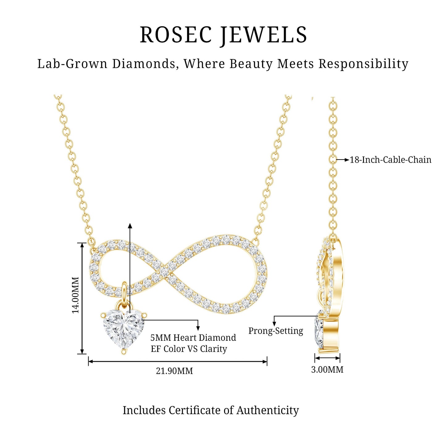 Pave Set Lab Grown Diamond Infinity Heart Charm Necklace