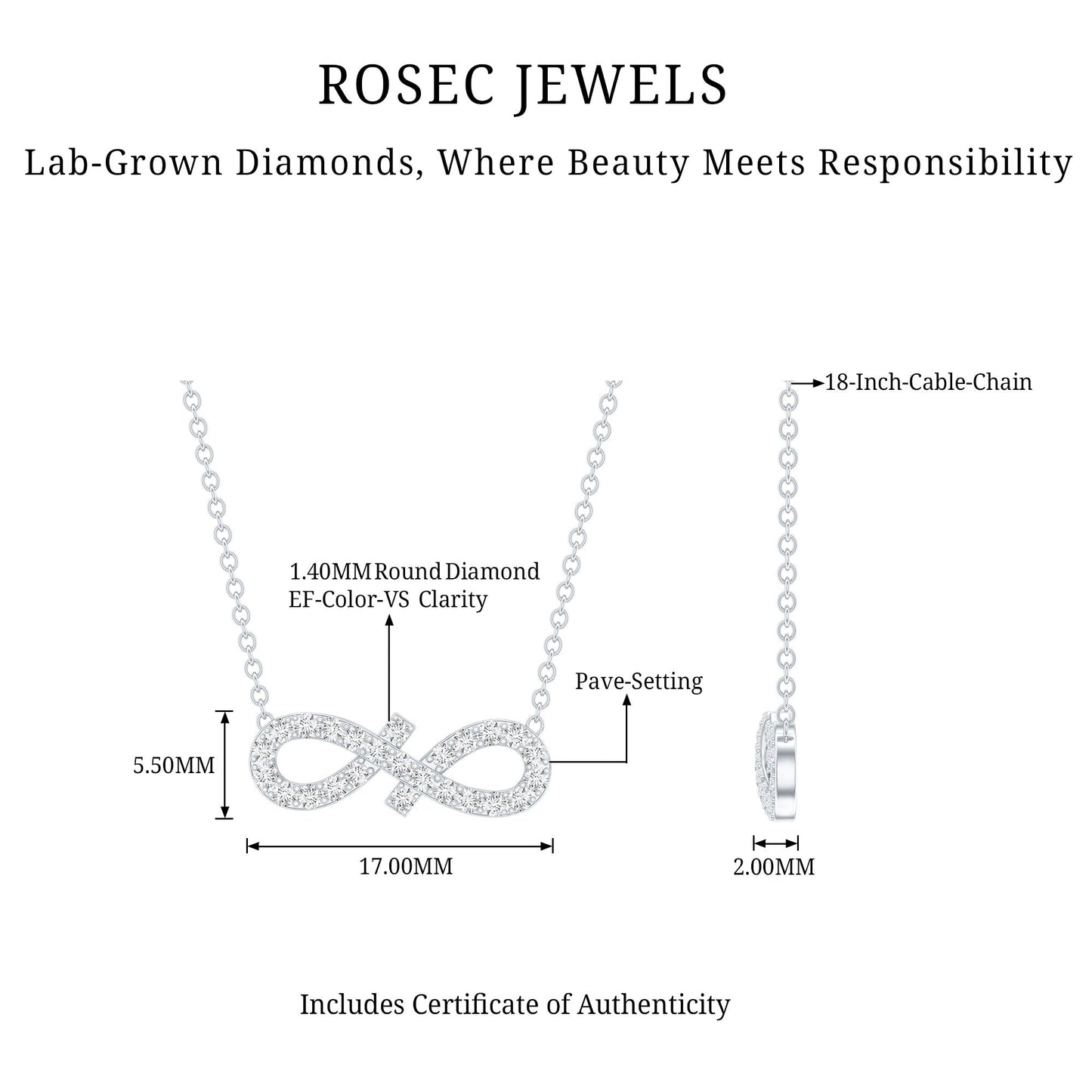 Pave Set Lab Grown Diamond Sideways Infinity Necklace