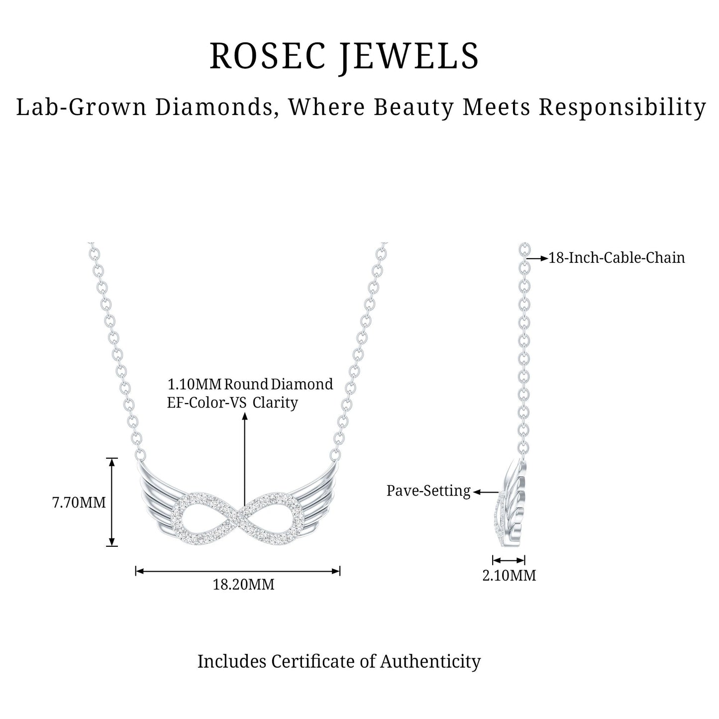 Sideways Pave Set Lab Grown Diamond Angel Wing Necklace