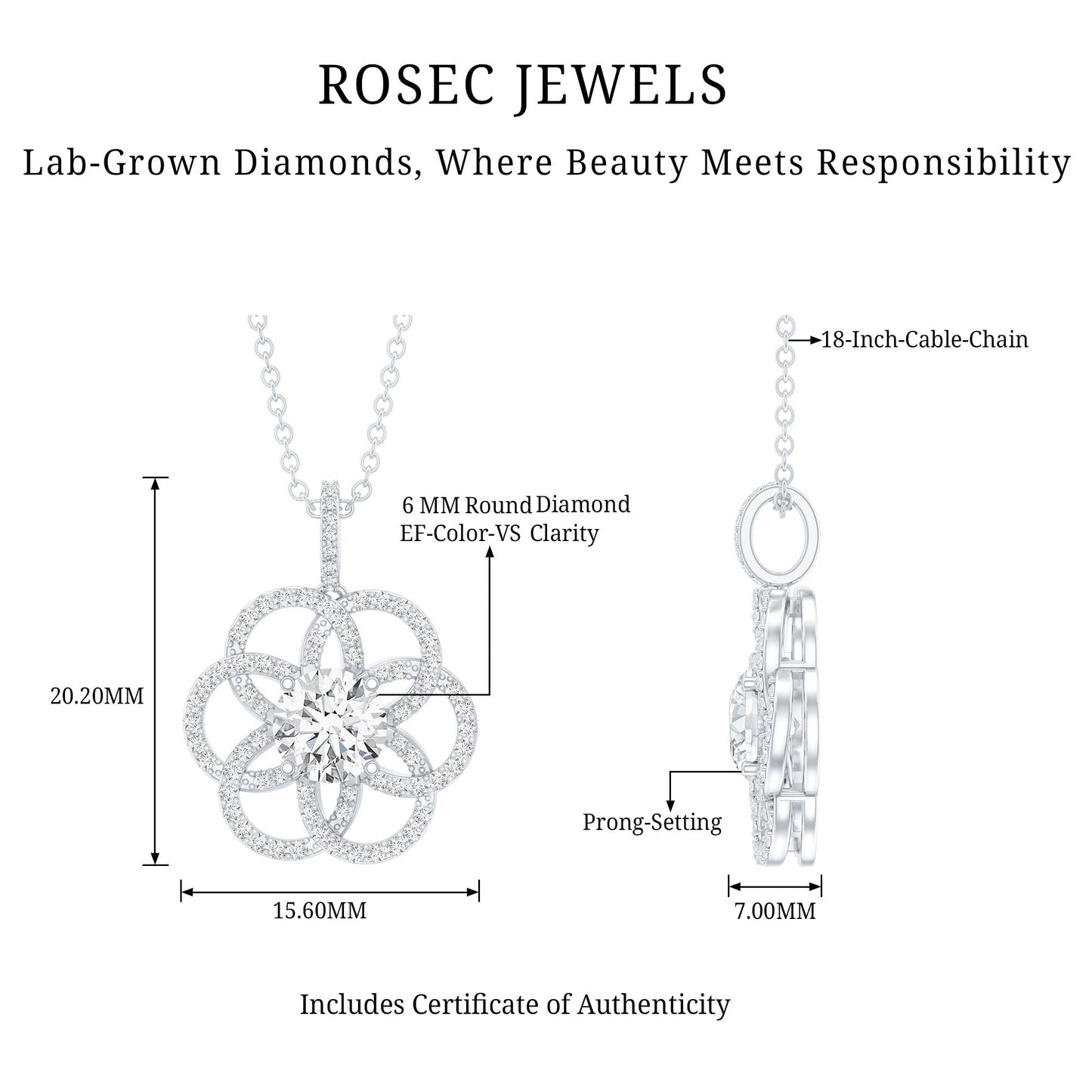 0.9 Carat Round Lab Diamond Flower Bridal Necklace