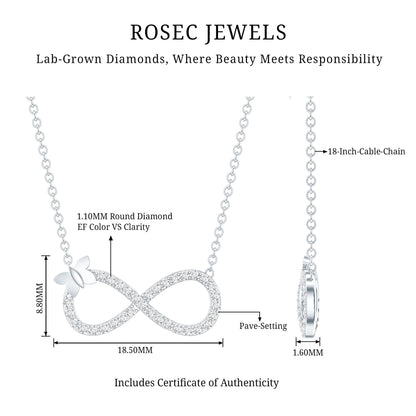 Lab Pave Set Diamond Sideways Infinity Butterfly Necklace