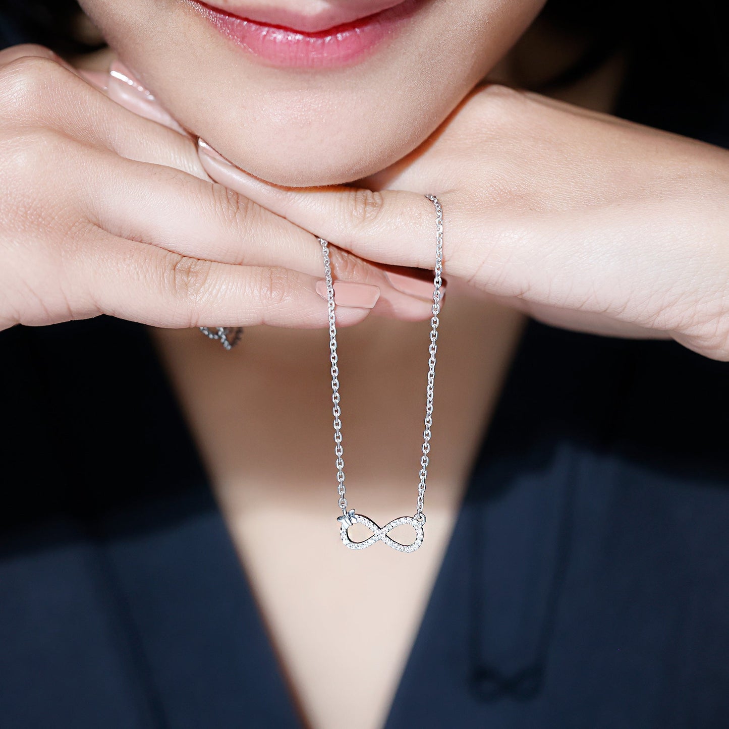 Lab Pave Set Diamond Sideways Infinity Butterfly Necklace