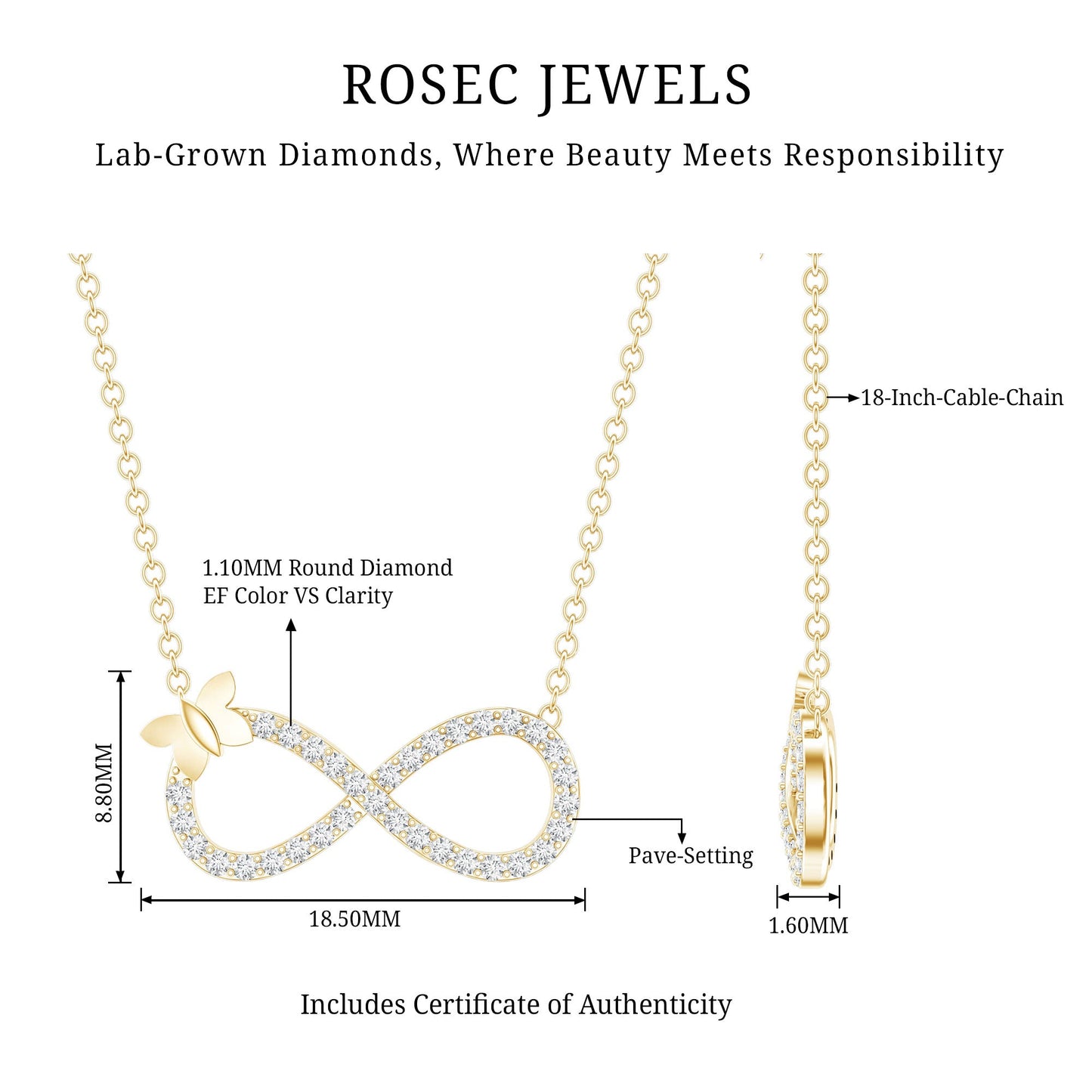 Lab Pave Set Diamond Sideways Infinity Butterfly Necklace