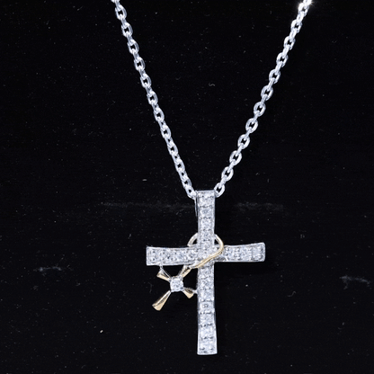 Pave Set Lab Grown Diamond Double Cross Charm Necklace
