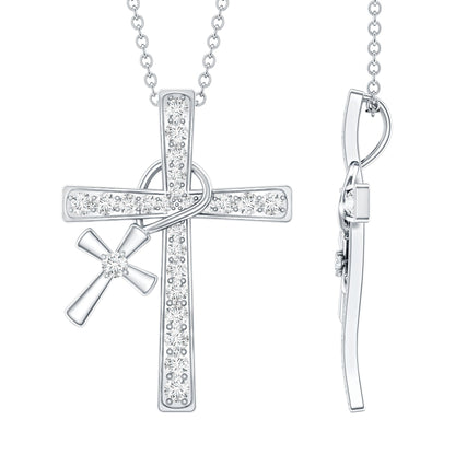 Pave Set Lab Grown Diamond Double Cross Charm Necklace