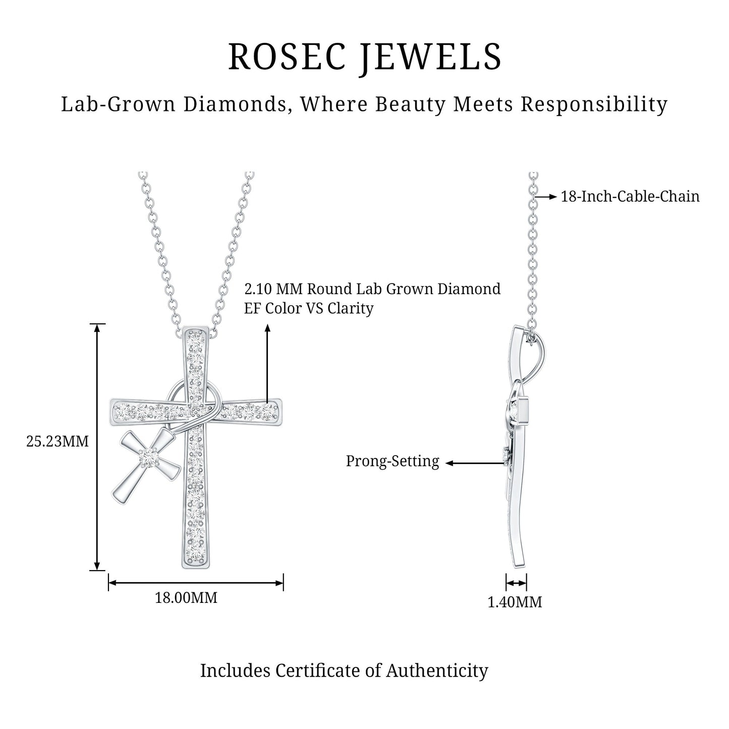 Pave Set Lab Grown Diamond Double Cross Charm Necklace