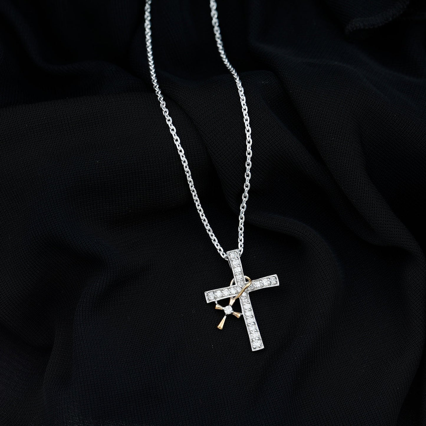 Pave Set Lab Grown Diamond Double Cross Charm Necklace