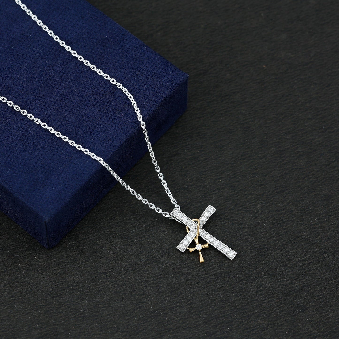 Pave Set Lab Grown Diamond Double Cross Charm Necklace