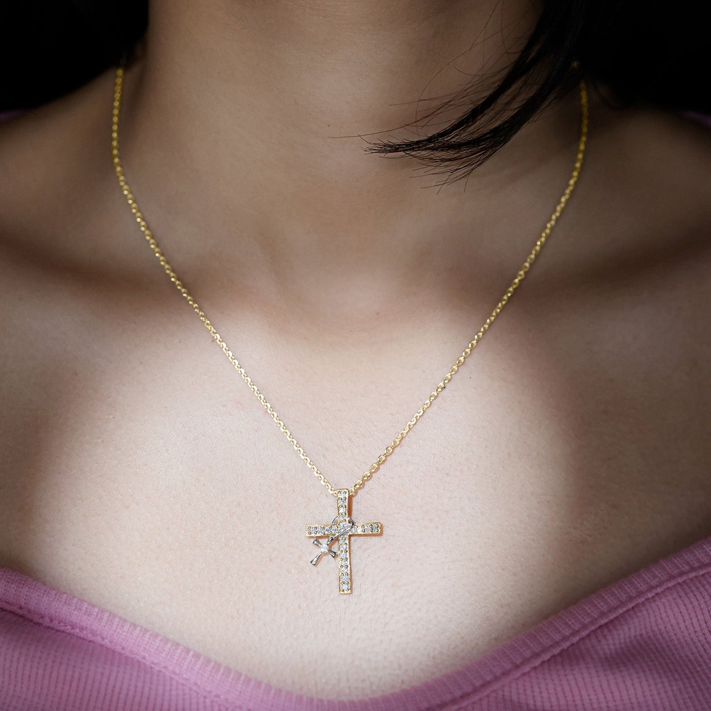 Pave Set Lab Grown Diamond Double Cross Charm Necklace