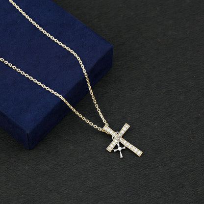 Pave Set Lab Grown Diamond Double Cross Charm Necklace