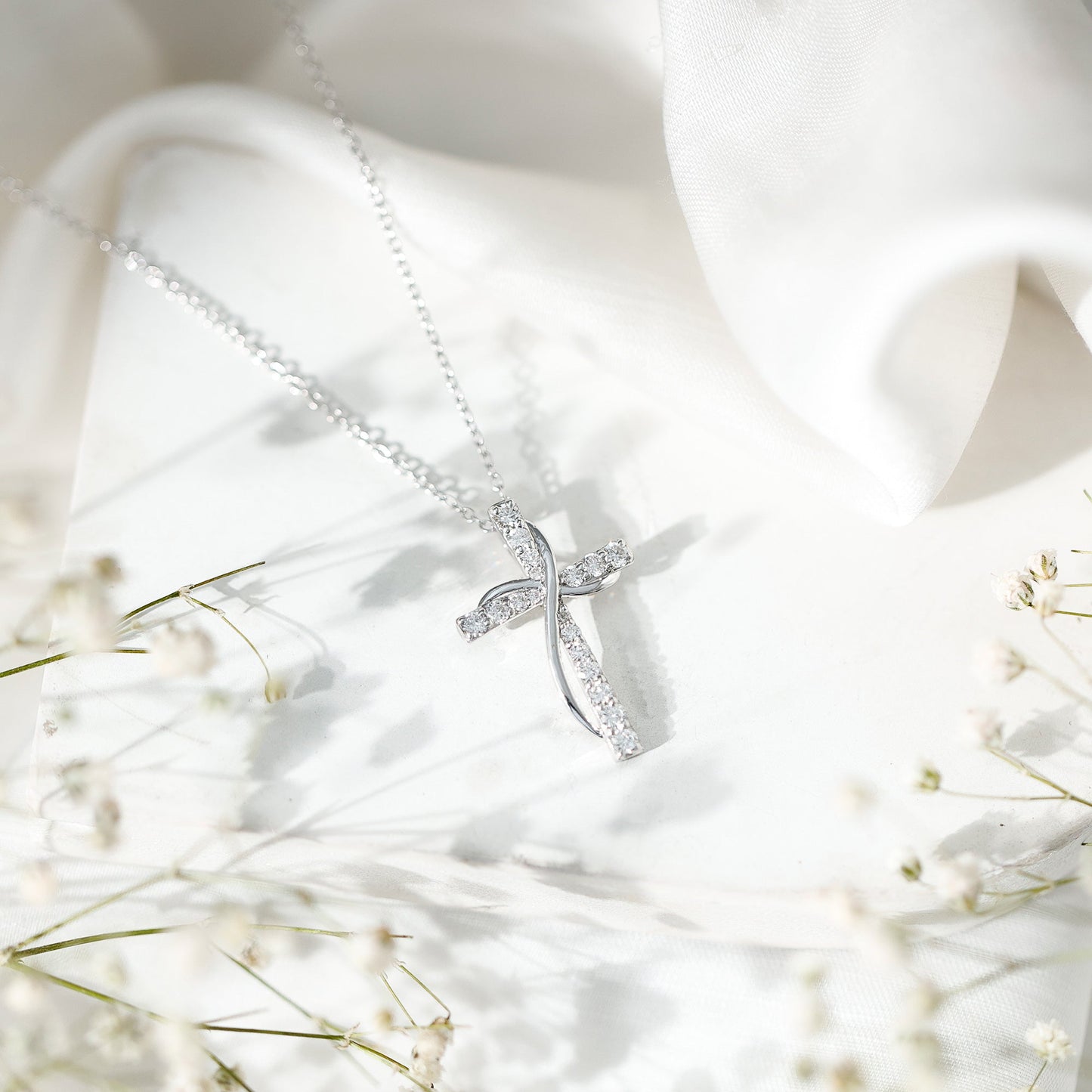 Pave Set Lab Grown Diamond Double Cross Necklace