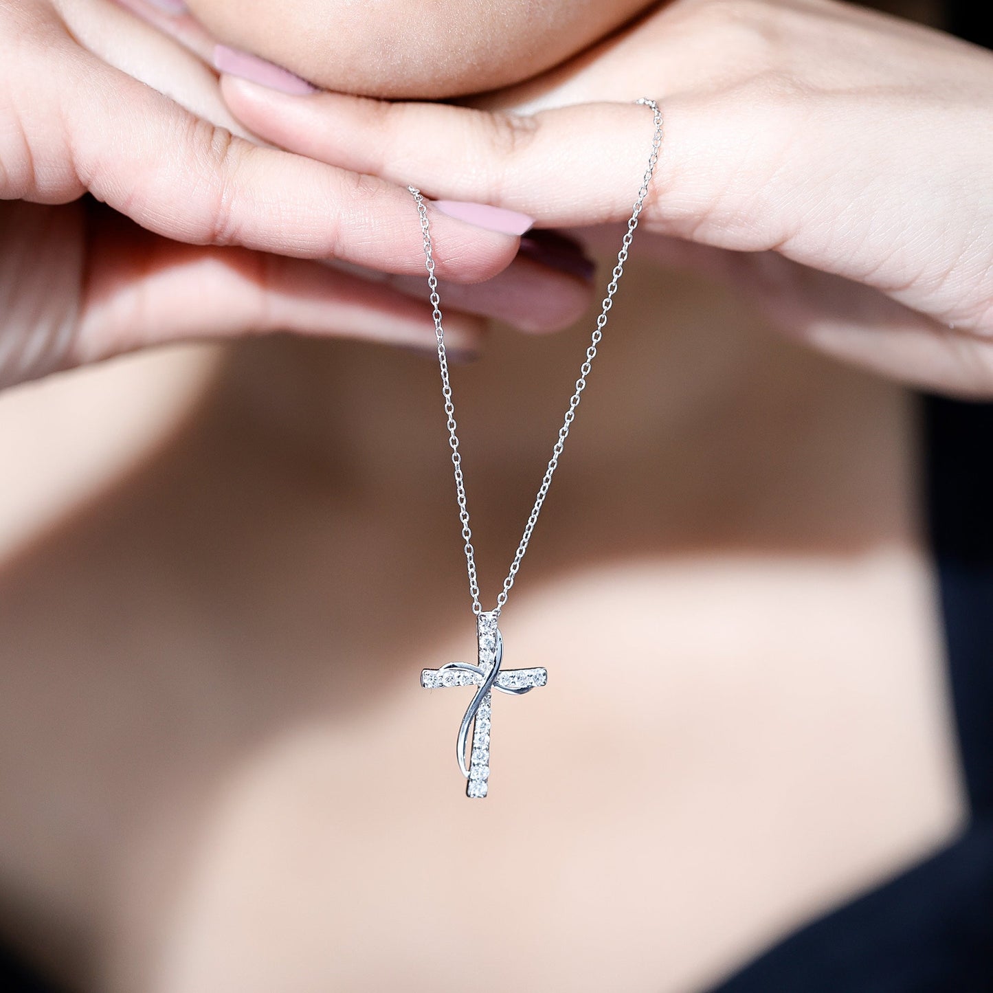 Pave Set Lab Grown Diamond Double Cross Necklace