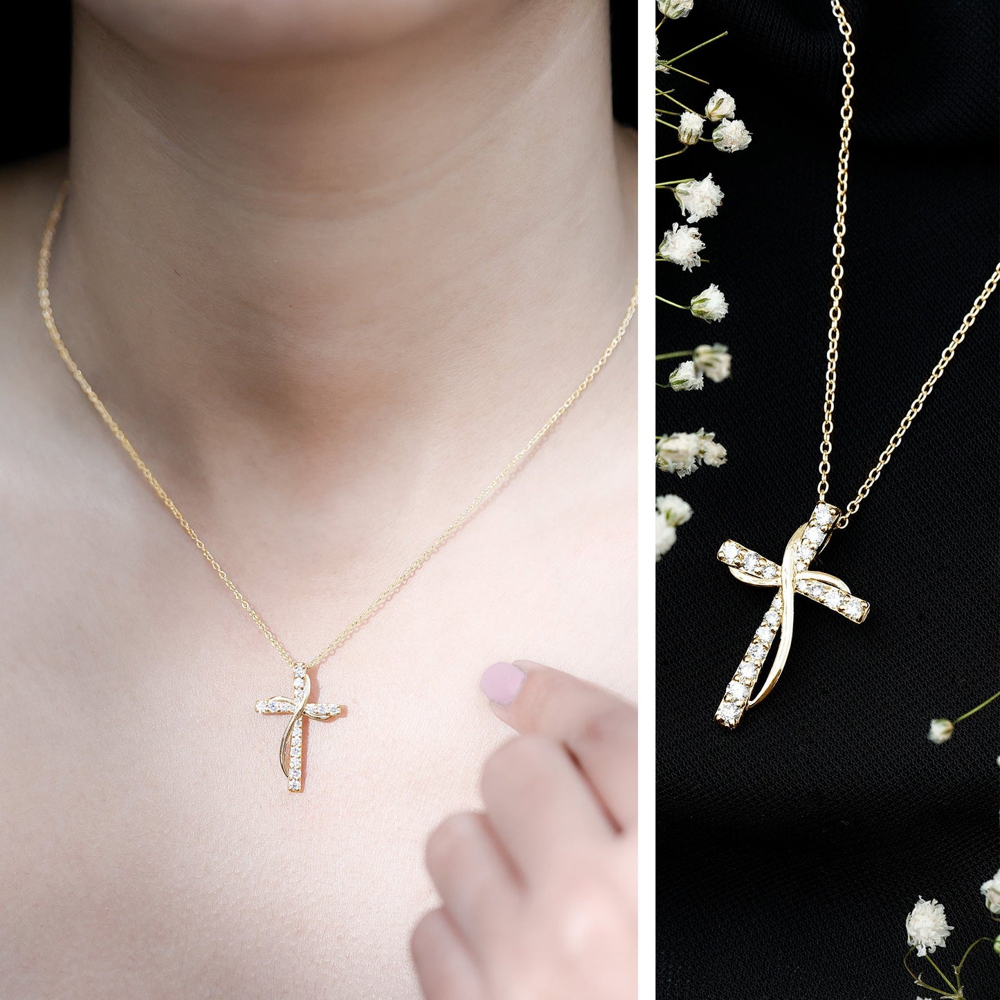 Pave Set Lab Grown Diamond Double Cross Necklace