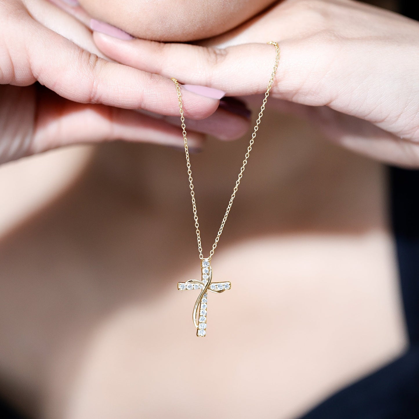 Pave Set Lab Grown Diamond Double Cross Necklace