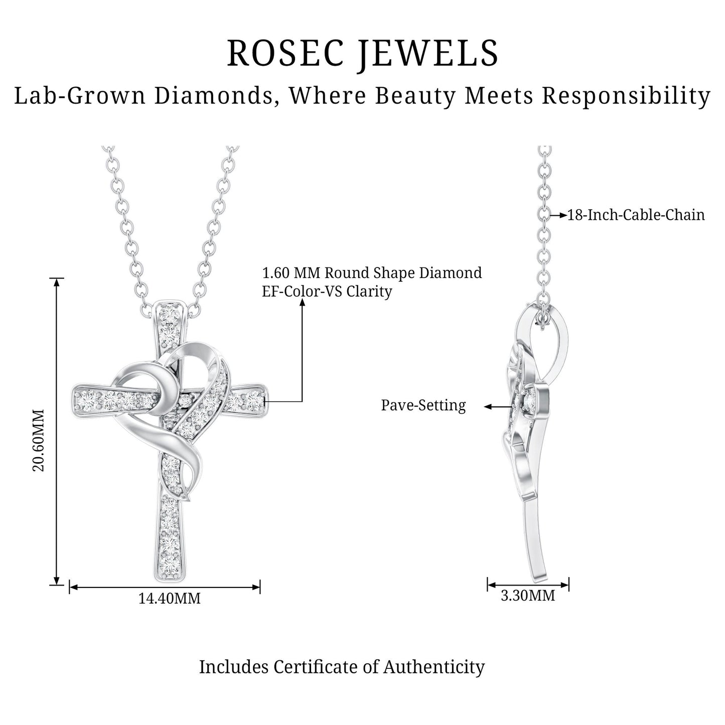Certified Lab Grown Diamond Heart Cross Necklace