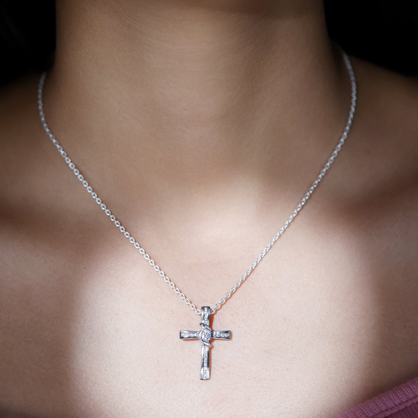 Bezel Set Lab Grown Diamond Cross Religious Necklace