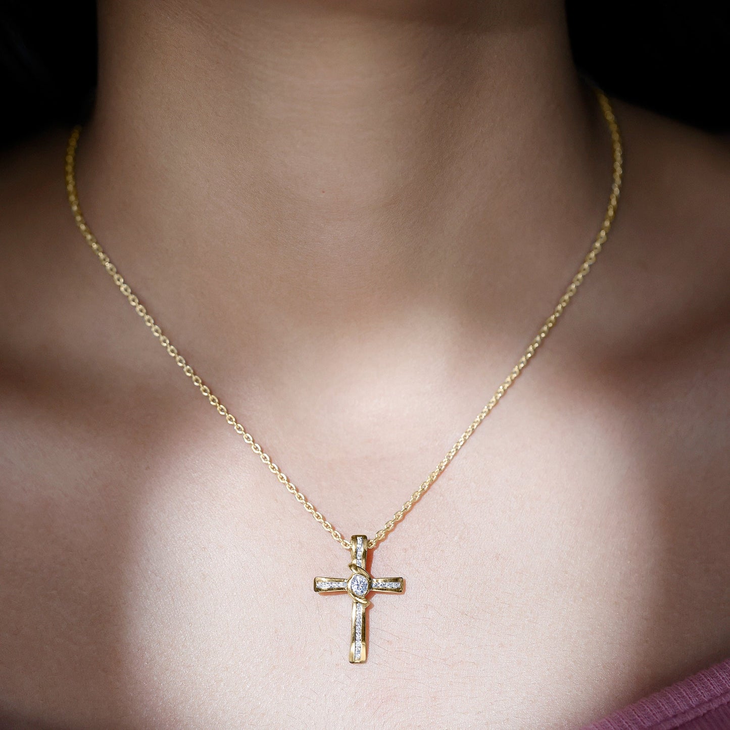 Bezel Set Lab Grown Diamond Cross Religious Necklace